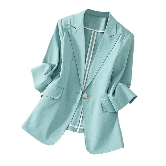 Blazer for Women Open Front Long Elegant Button Down Cardigan Business Office Jacket Casual Loose Long Sleeve Work Notched Lapel Blue L