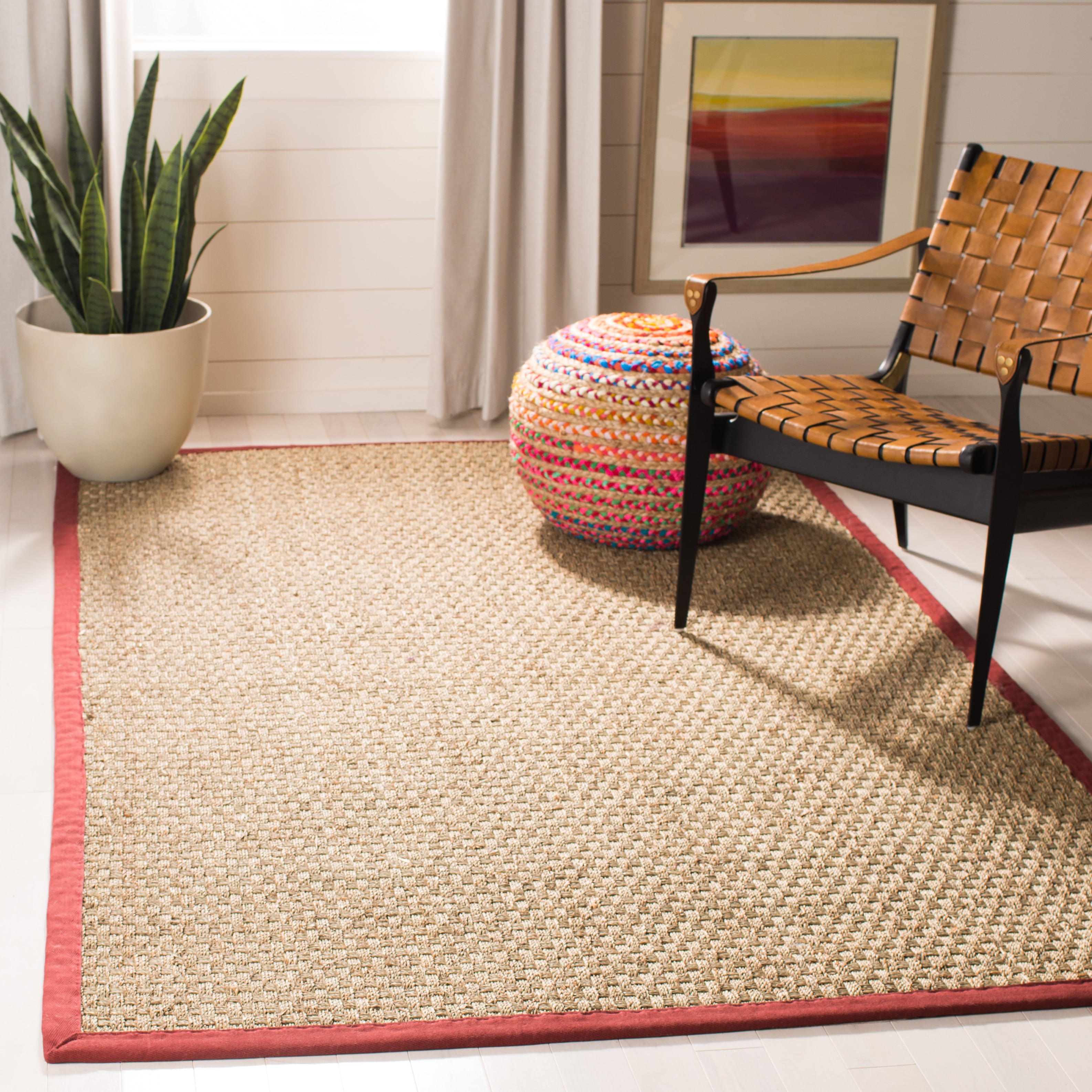 SAFAVIEH Natural Fiber Arbor Bordered Area Rug, Natural/Burgundy Red, 3' x 5' - Coastal Design, Natural & Burgundy Red, Seagrass, Ideal for Entryway, Kitchen, Living Room, Office, Bathroom, Bedside
