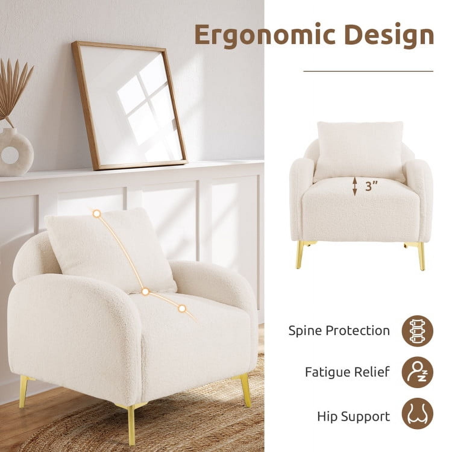 Demi Bonn Accent Chair, Upholstered Accent Armchair, Modern Upholstered Accent Chair with Removable Pillow and Soft Padded Seat, for Living Room, Bedroom, Reception Room, White