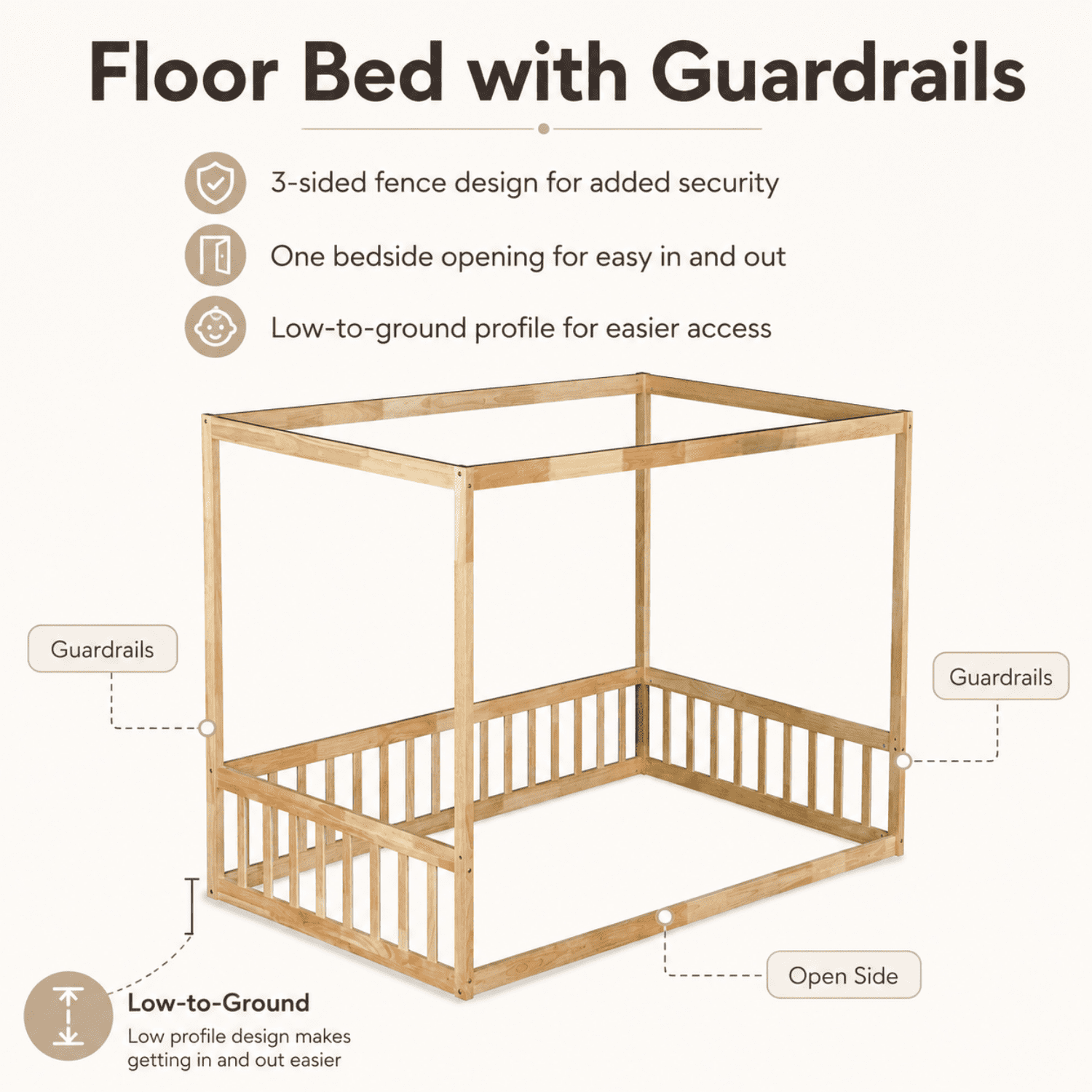 Miniyam Wood Twin Size Canopy Floor Bed with Guardrails for Kids and Teens, Natural