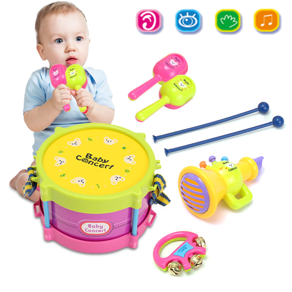 Sipring Musical Toys for Kids Baby Roll Drum Musical Instruments Band Kit Children Toy-5pcs-Random Color Handbells 