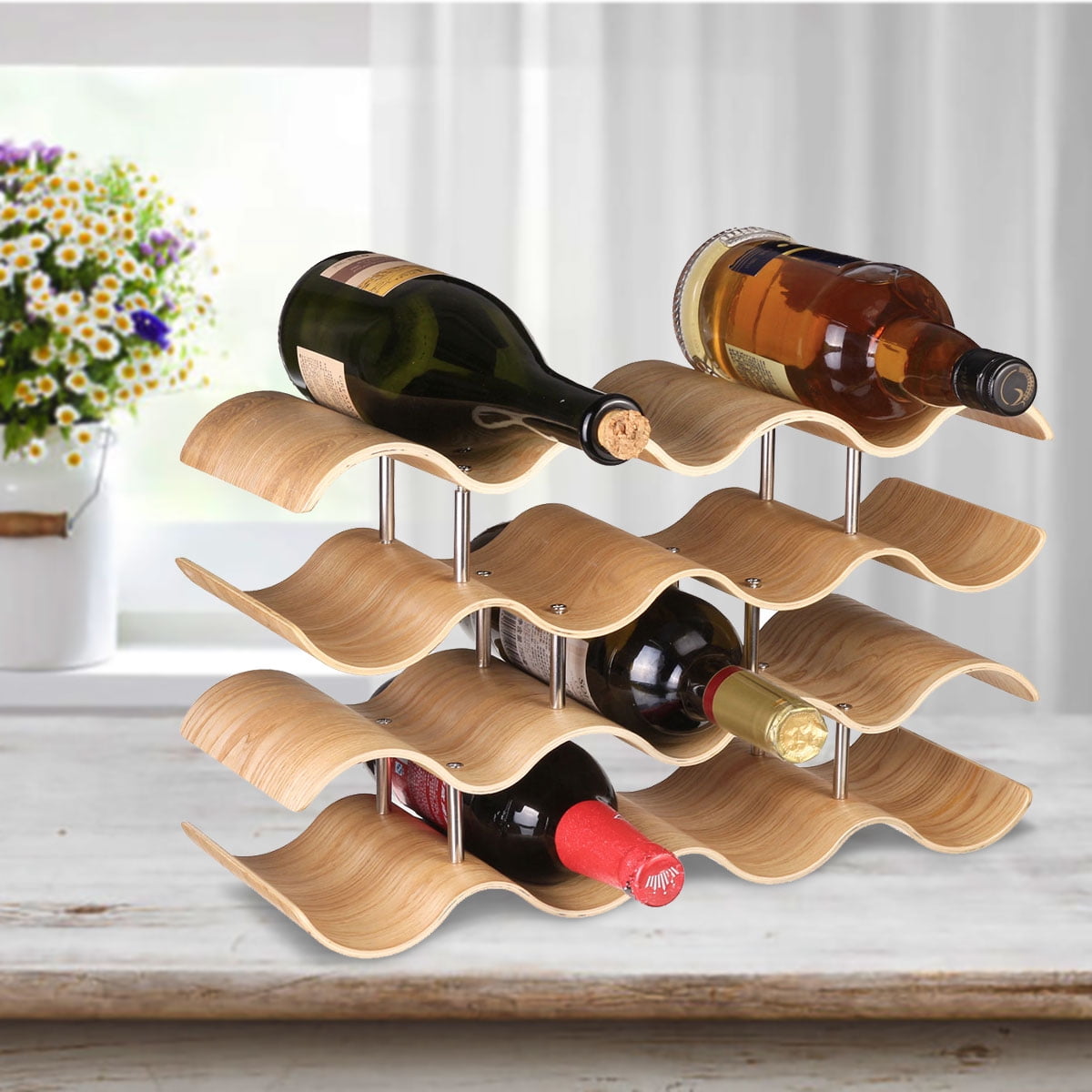 Tier Wooden Wavy Wine Rack Stackable Countertop Wine Bottle Stand My