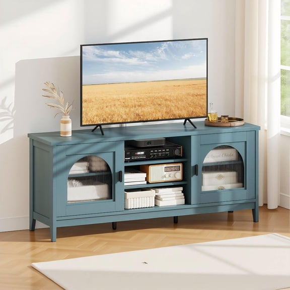 Barara King Modern Vintage Entertainment Center with Adjustable Shelves and 2 Cable Holes for TVs up to 65 Inches, TV Console Table for Living Room, Home Office, Turquoise