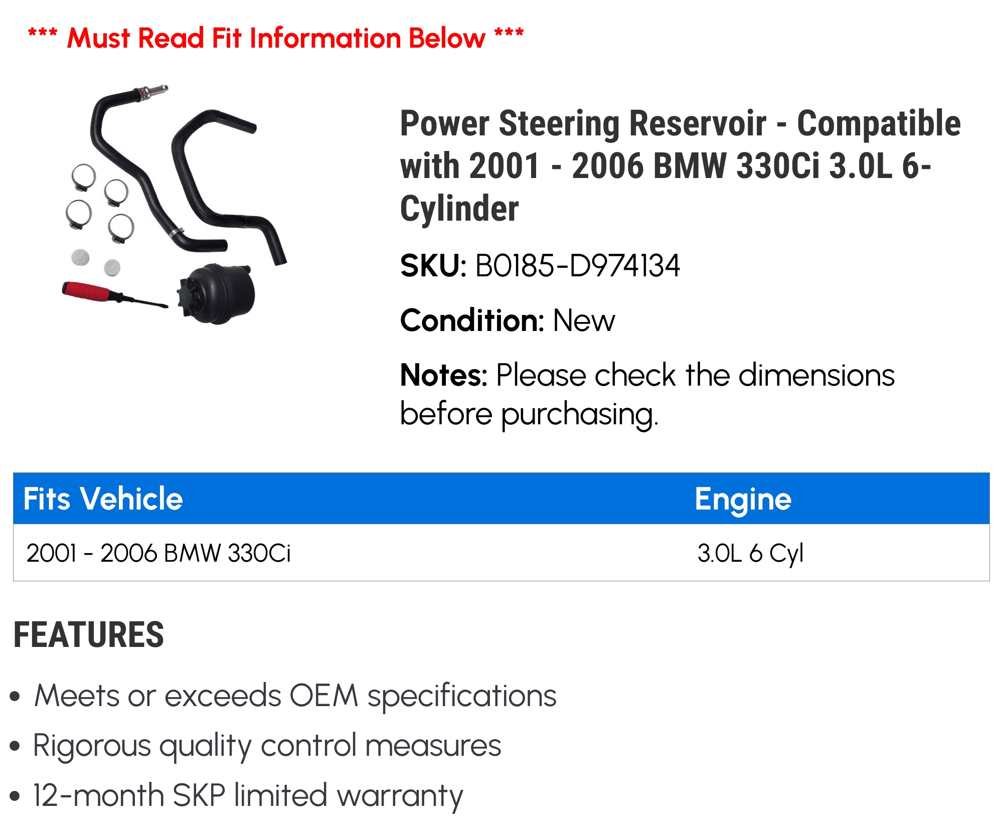 Power Steering Reservoir - Compatible with 2001 - 2006 BMW 330Ci 3.0L 6-Cylinder 2002 2003 2004 2005