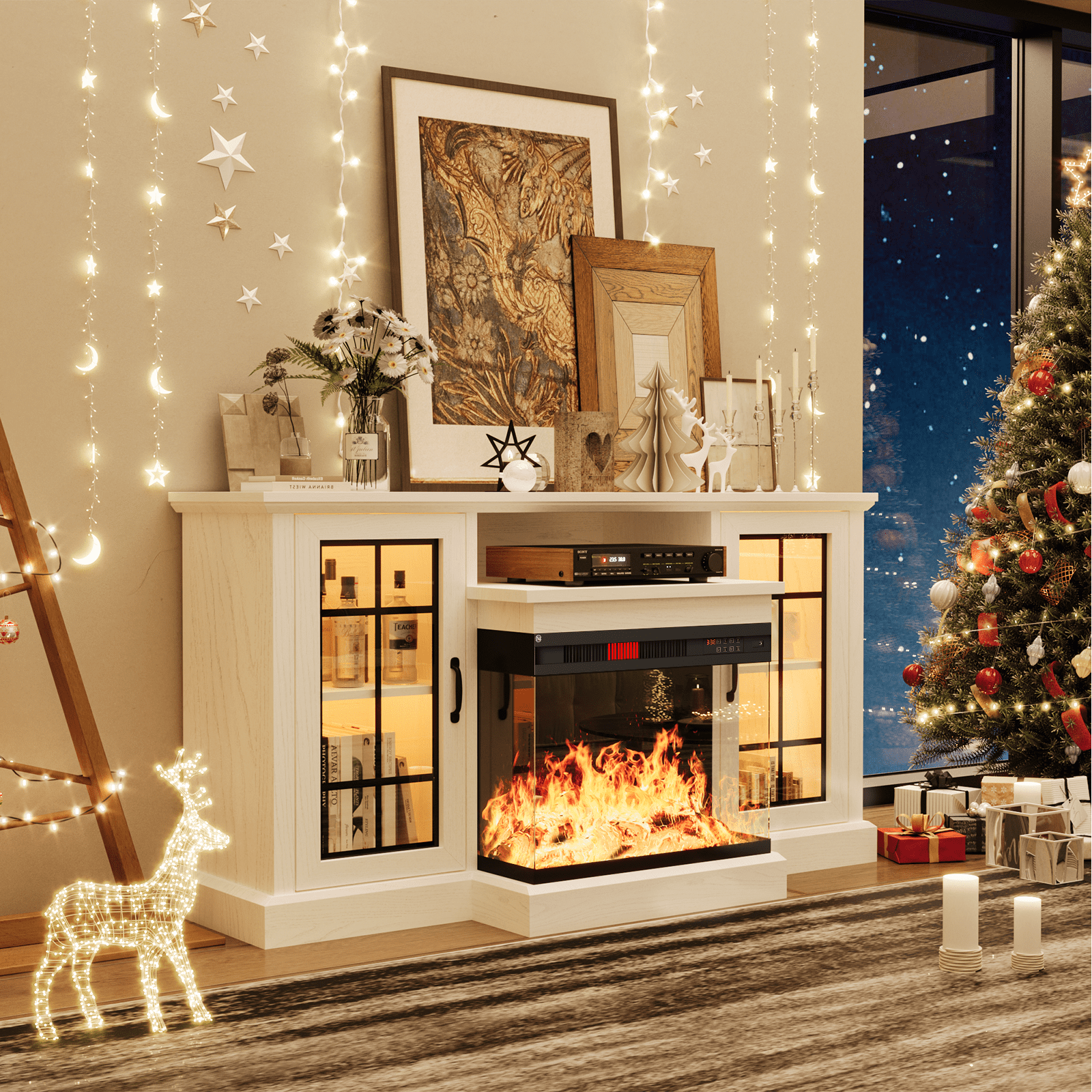 Easoger 59'' Fireplace TV Stand for TVs up to 65", 12 Flame Colors&12 LED Light Colors, TV Console with 3-Sided Glass Fireplace, for Living Room, White