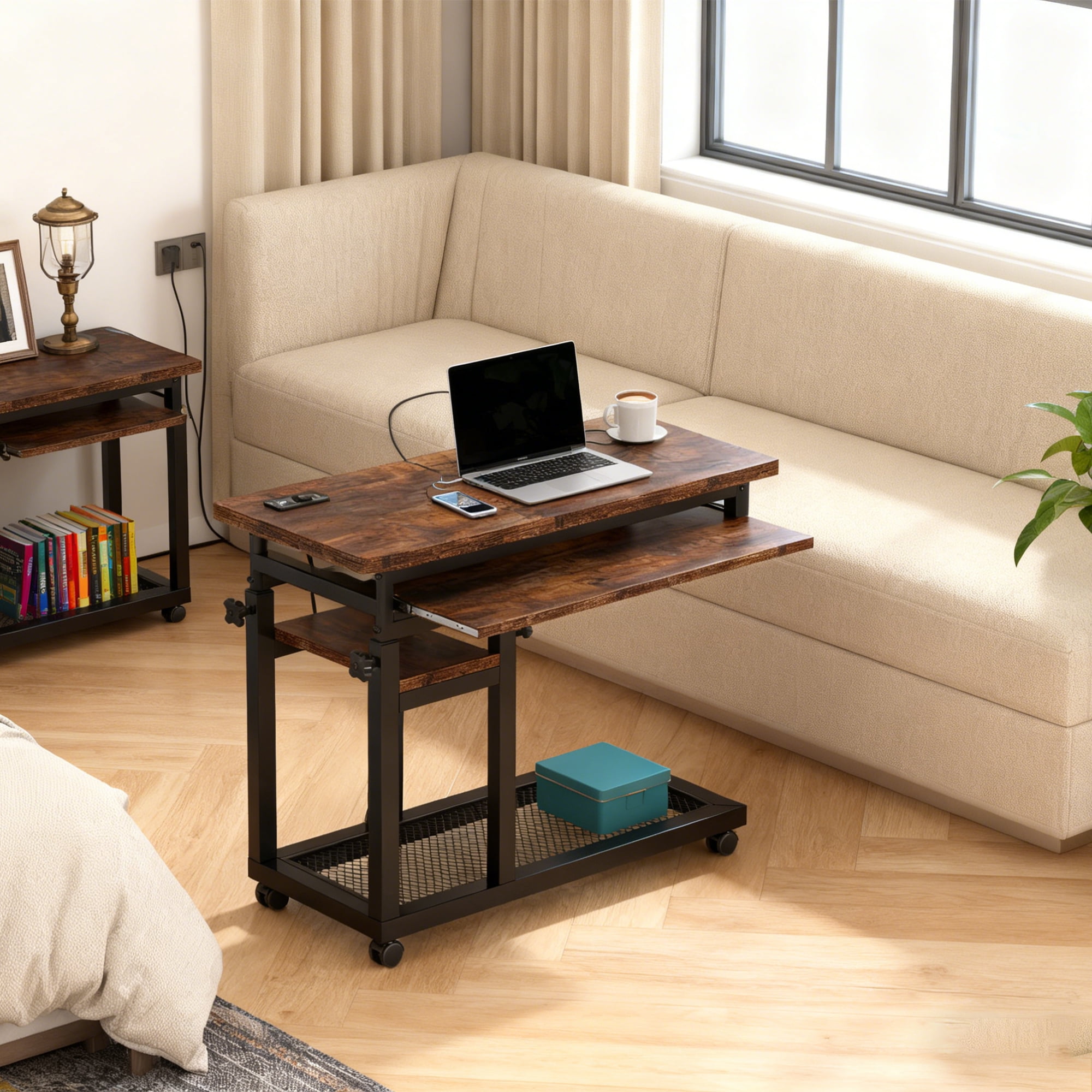 KIOOTTO Height Adjustable C-Shaped Mobile Desk with Power Outlet, USB Ports, Keyboard Tray and Wheels, Rustic Brown