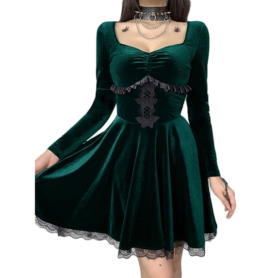 Qiylii Women’s Butterfly Embroidered Dress Long Sleeve Lace Trim A-line Dress