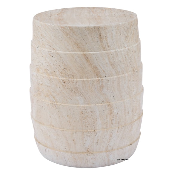 Anykoon Modern Cylindrical Travertine‑Look MGO Outdoor Side Table, Ribbed Texture All‑Weather Accent Table, Light Beige for Patio Balcony Living Room, No Assembly Required