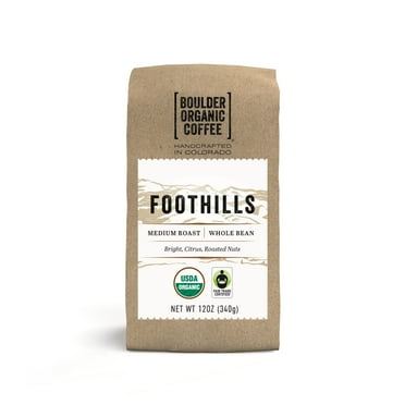Boulder Organic Foothills Organic & Fair Trade Whole Bean Coffee, Medium Roast, 12 oz Bag, Caffeinated
