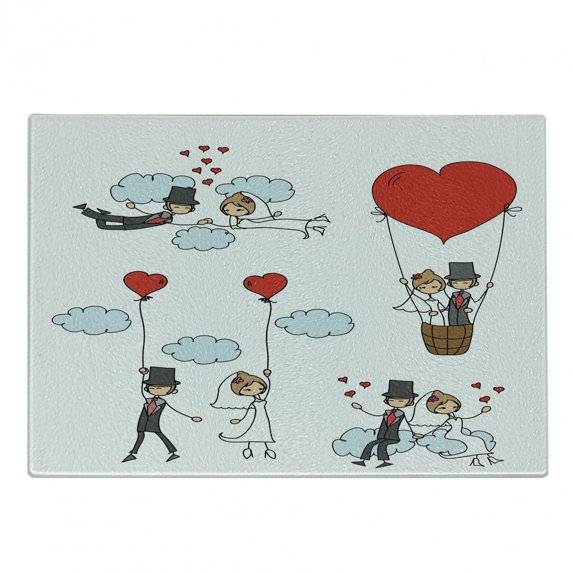Wedding Cutting Board, Cartoon Couple Romantic Caricatures Getting Married Newlywed Happiness, Decorative Tempered Glass Cutting and Serving Board, Small Size, Red Mint Green Grey, by Ambesonne