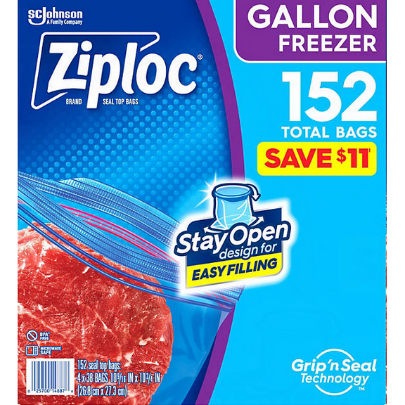 Ziploc Gallon Freezer Bags with New Stay Open Design, 152 ct.