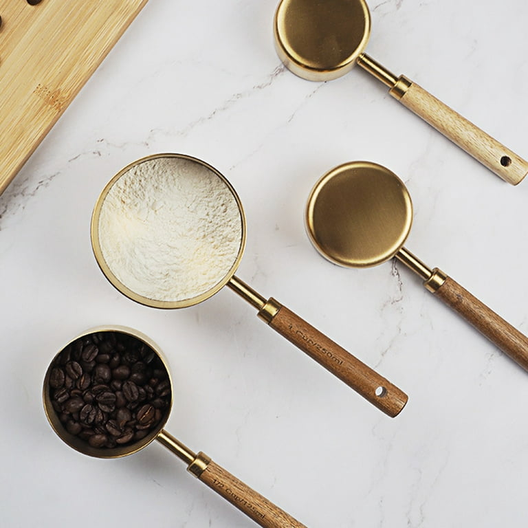 Measuring Cups And Spoons, Wooden Handle With Metric And American