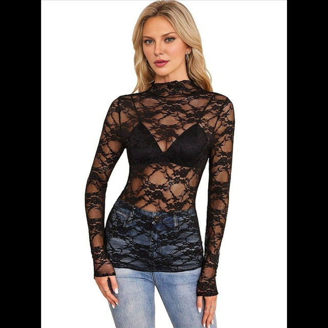 Blusa de Larga con Encaje Floral de para Mujer, Blusa Interior Transparente con , Cuello Redondo, Informal, Transparente. Negro M