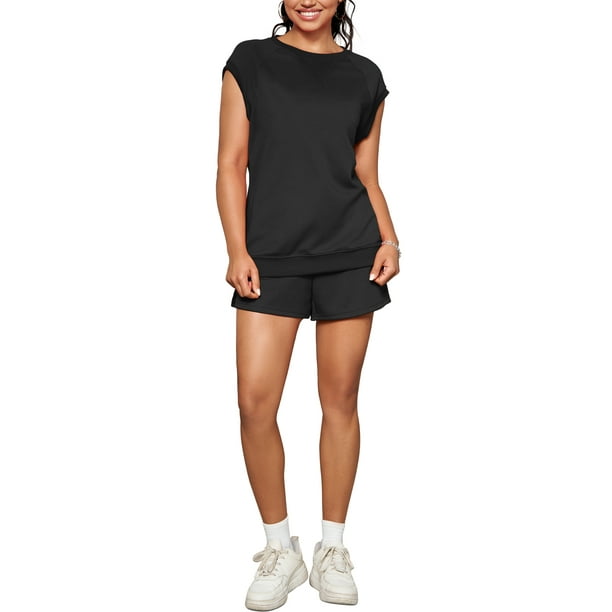 Conjunto deportivo de 2 piezas para mujer ATHLECHIC, con blusa de manga corta y cuello redondo, pantalones cortos con cintura elástica, color negro