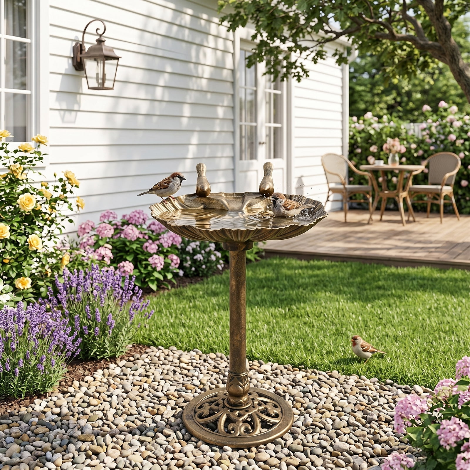 Resin Bird Bath With Shell Edge & 1.4W Solar Fountain, 50*36*81cm