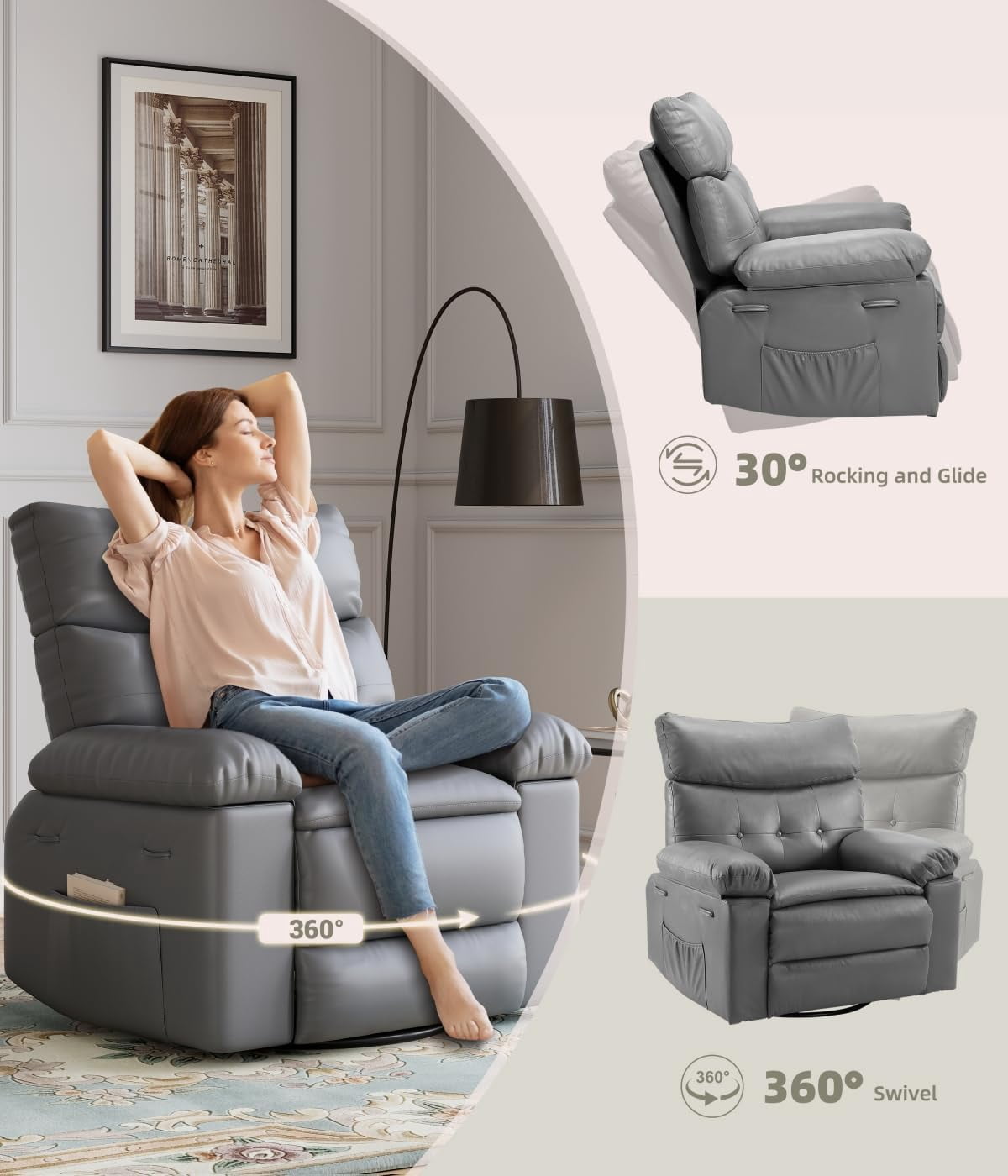 EastVita Oversized Recliner Chairs with Heat and Massage - 360 Swivel Lazy Boy Recliner Chair for Adults - Manual Rocking Chair with Remote Control for Living Rooms/Bedrooms and Nurseries - Creamy