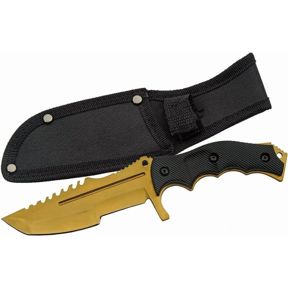 SZCO Supplies 8.5” Gold and Black Full Tang Fixed Blade Outdoor Utility Knife with Sawback Edge and Nylon Sheath