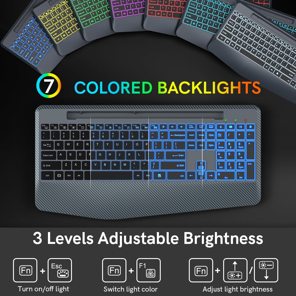 Wireless Keyboard with 7 Colored Backlits, Wrist Rest-Gray-Wagpak