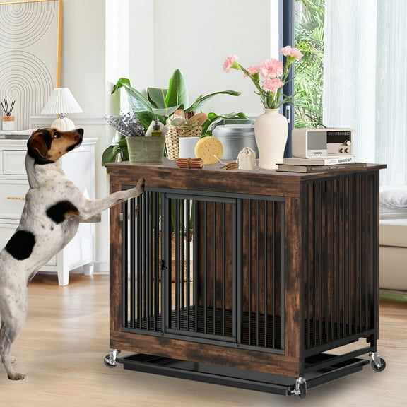 EVGTTI 31.5" Large Dog Crate End Table - Chew Proof Kennel Furniture with Removable Top, Pull-Out Tray & Lock, Rustic Brown