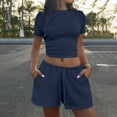 thumbnail image 3 of Bloomae Two Piece Jogger Sets for Women Summer Crew Neck Lounge Short Sets Short Sleeve Crop Tops and Drawstring Elastic Waist Short Pants Vacation Outfits with Pocket Navy XL, 3 of 7