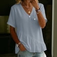 thumbnail image 2 of Craaazy Women's Plus Size Versatile Solid Color Cotton Linen V-Neck Short Sleeve T-shirts with Ruffle Trim for Daily Wear, 2 of 7