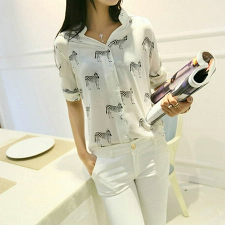 - Women Zebra Print Blouse Chiffon Shirt Tops Girl Sleeve Button Down Tops