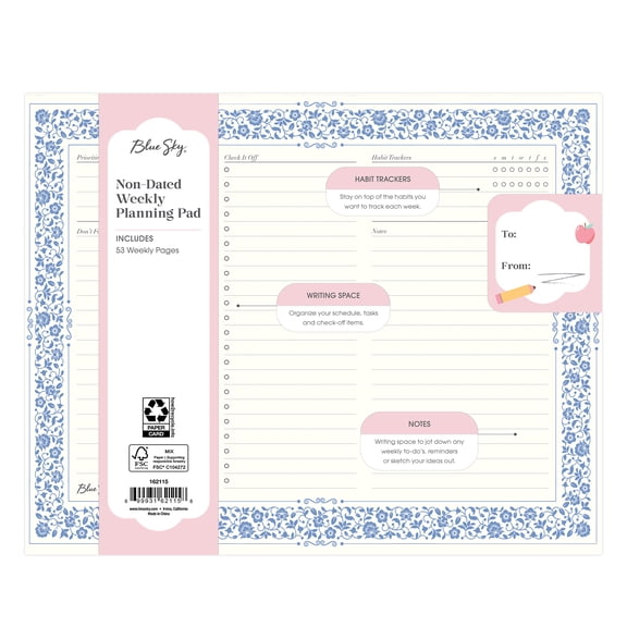 Blue Sky Planning Pad, 10" x 8", Blue Floral, 53 Sheets