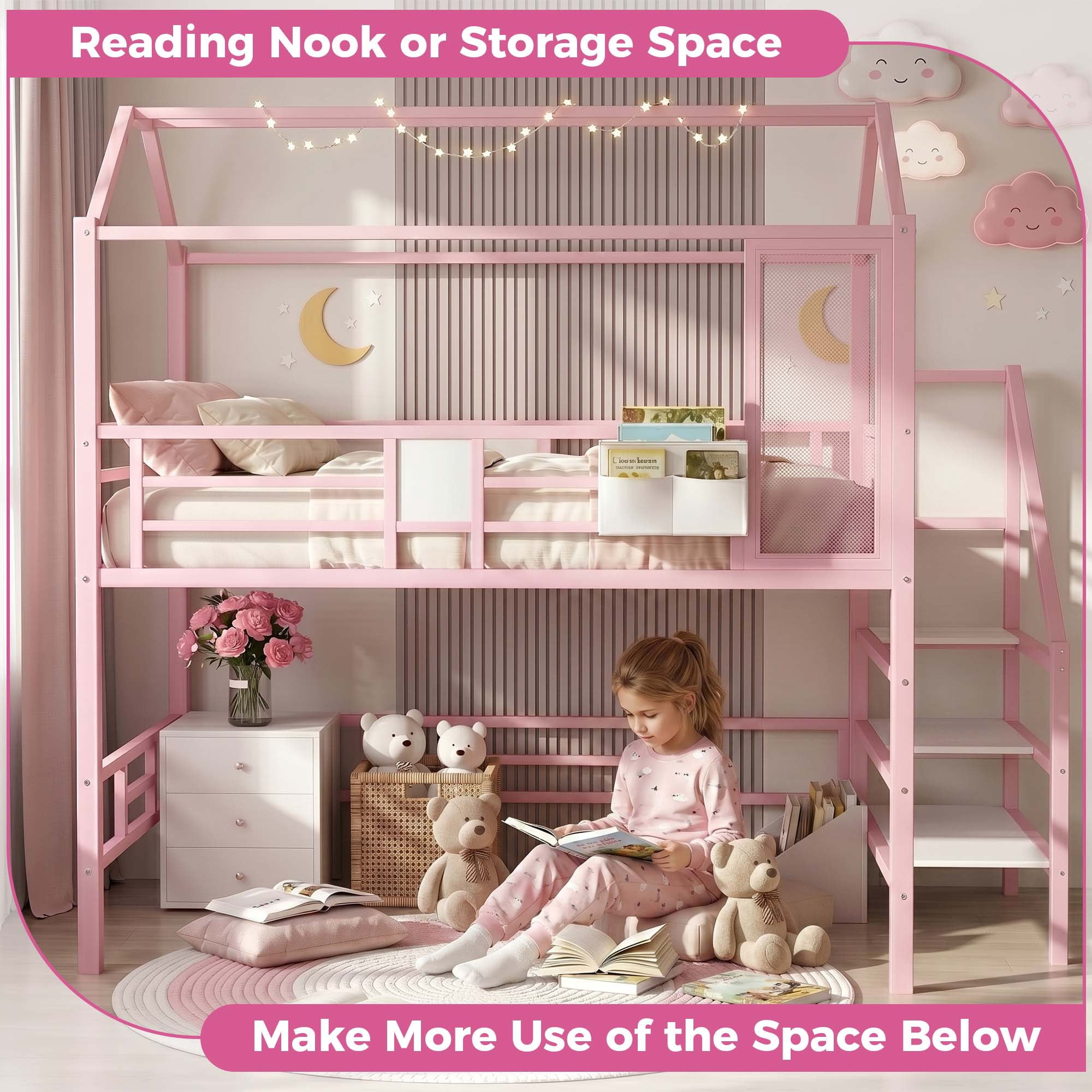 Miniyam Full Size Bunk Bed with Stairs, House Bed Design with Charging Station and Storage Bag Led Light, Pink