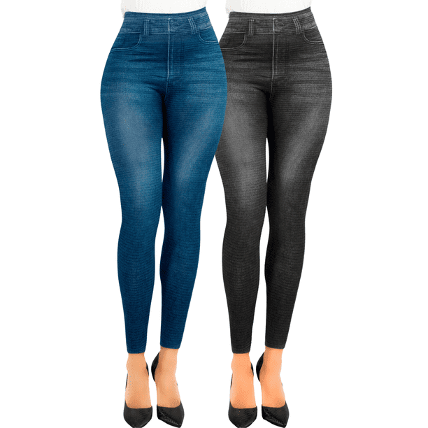 Pack de 2 Leggins Mujer Unitalla Mezclilla Faja Alta Estilo Pantalón Mezclilla Jegging Tiro Alto, Mallon licra Cómodos Elásticos