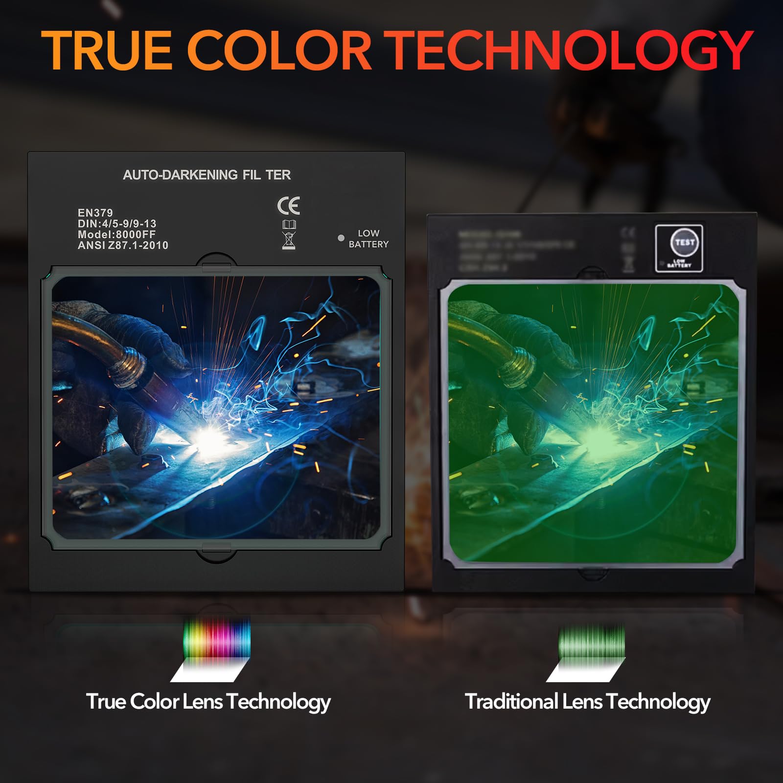 TRQWH Welding Helmet Auto Darkening Large Viewing True Color Solar Powered Welding Mask with 4 Arc Sensor Adjustable Wide Shade Range 4~5-8/9-13 Welder Mask with Grinding