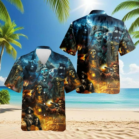Pirate Skull Hawaiian Shirt for Men, Gothic Style, Button Down Summer Beach Short Sleeve, S-5XL