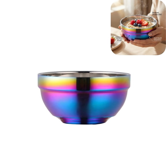 Creative Titanium‑Plated Double‑Wall Stainless Steel Bowl, Iridescent Rainbow Metal Serving Bowl for Salad Fruit Cereal