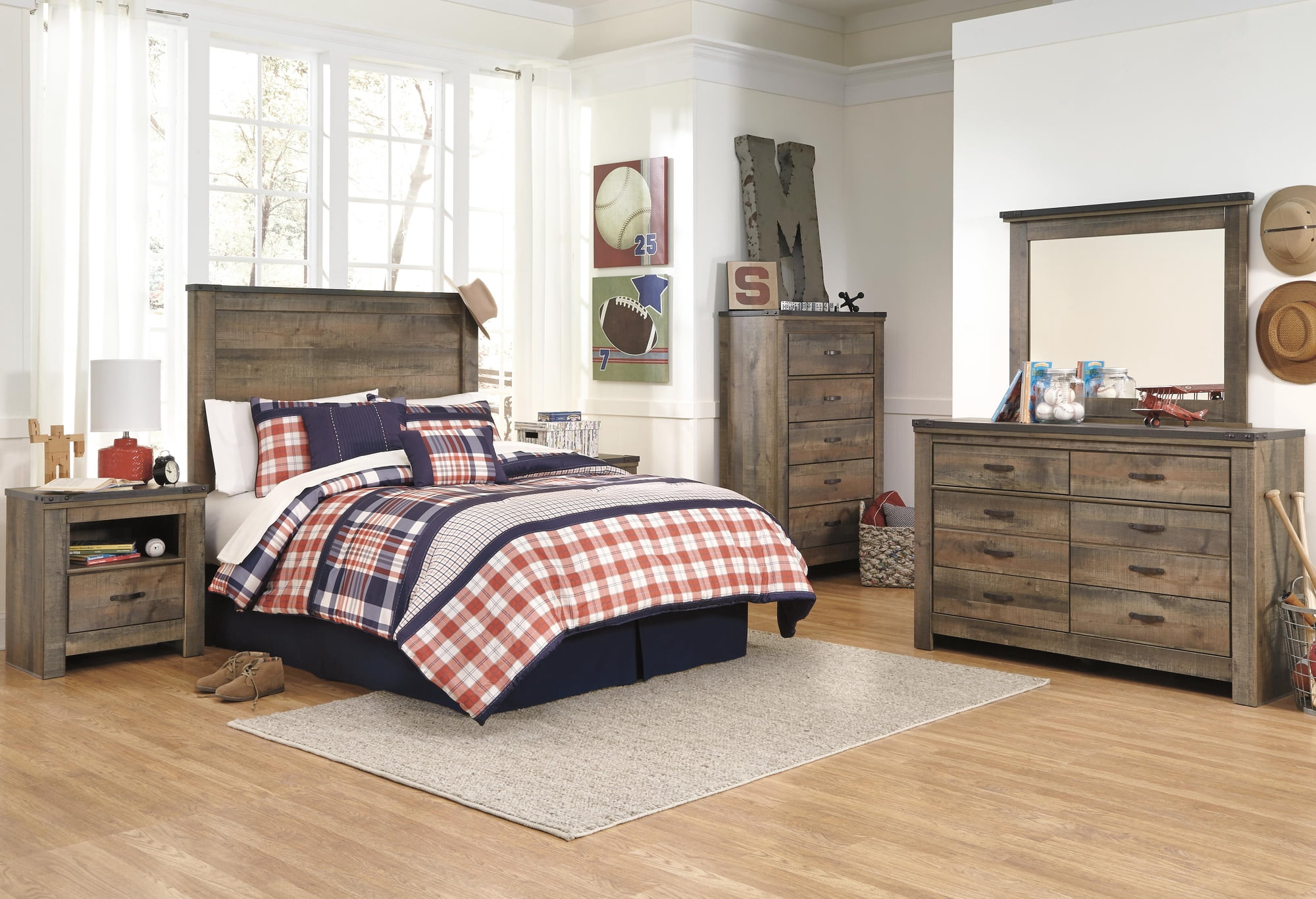 Signature Design by Ashley Trinell Full Panel Headboard, Brown, Rustic Wood-Look Headboard with Plank Design and Nailhead Trim