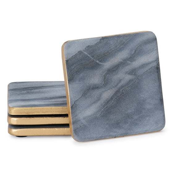 Thirstystone Natural Gray Marble 4 Pack Coasters with Gold Edge 4" Square