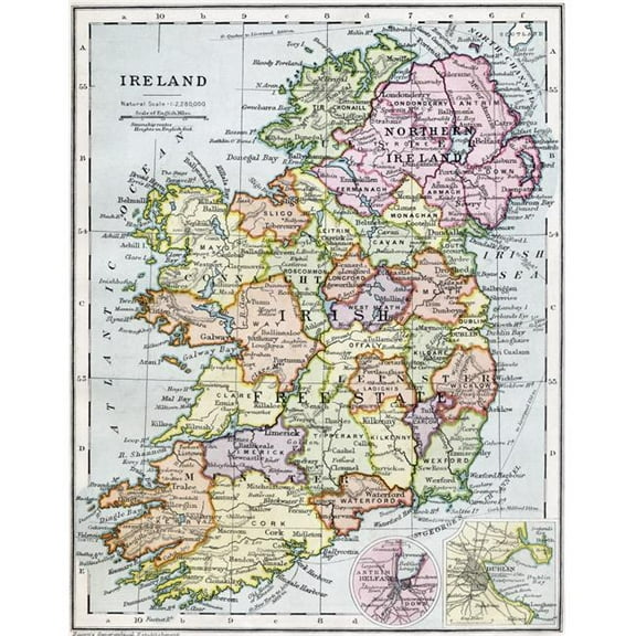Irish Free State & Northern Ireland From Bacons Excelsior Atlas of The World Published Circa 1930 Poster Print - 24 x 32 - Large