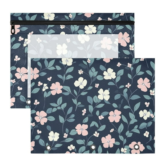 White and Pinkish Florals Leaves 3-Ring Binder Pouches A4 Size Zipper Pocket File Storage 2 Packs