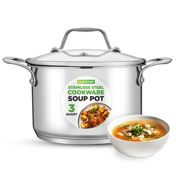 NutriChef 3-Quart Stainless Steel Pot with Glass Lid - 18/8 Food Grade Heavy Duty Cookware Stockpot for Stews, Simmering & Soups, Dishwasher Safe, For Induction, Gas & Ceramic Cooktops - NCSP3