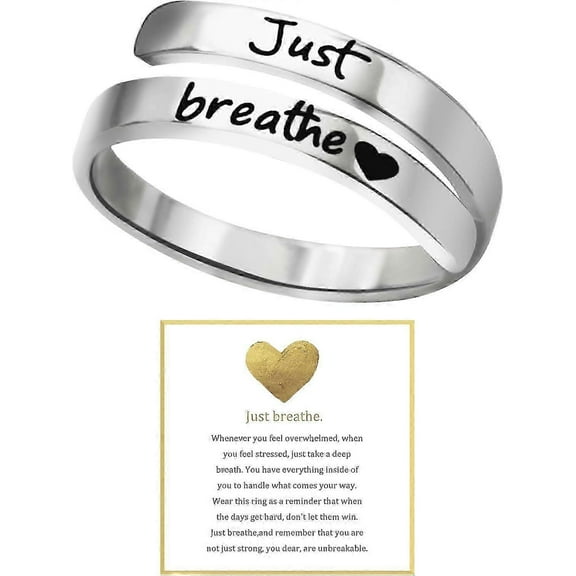 Just Breathe Ring for Women, Adjustable Heart Ring, Stainless Steel Spiral Wrap Healing Rings, Inspirational & Heart felt Gift
