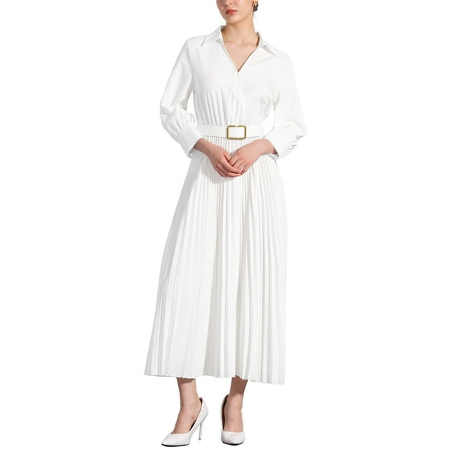 Vestido Maxi con Pliegues para Mujer Edición INSPIRE CHIC, Manga 3/4, Cuello en V, Cinturón, Color Blanco