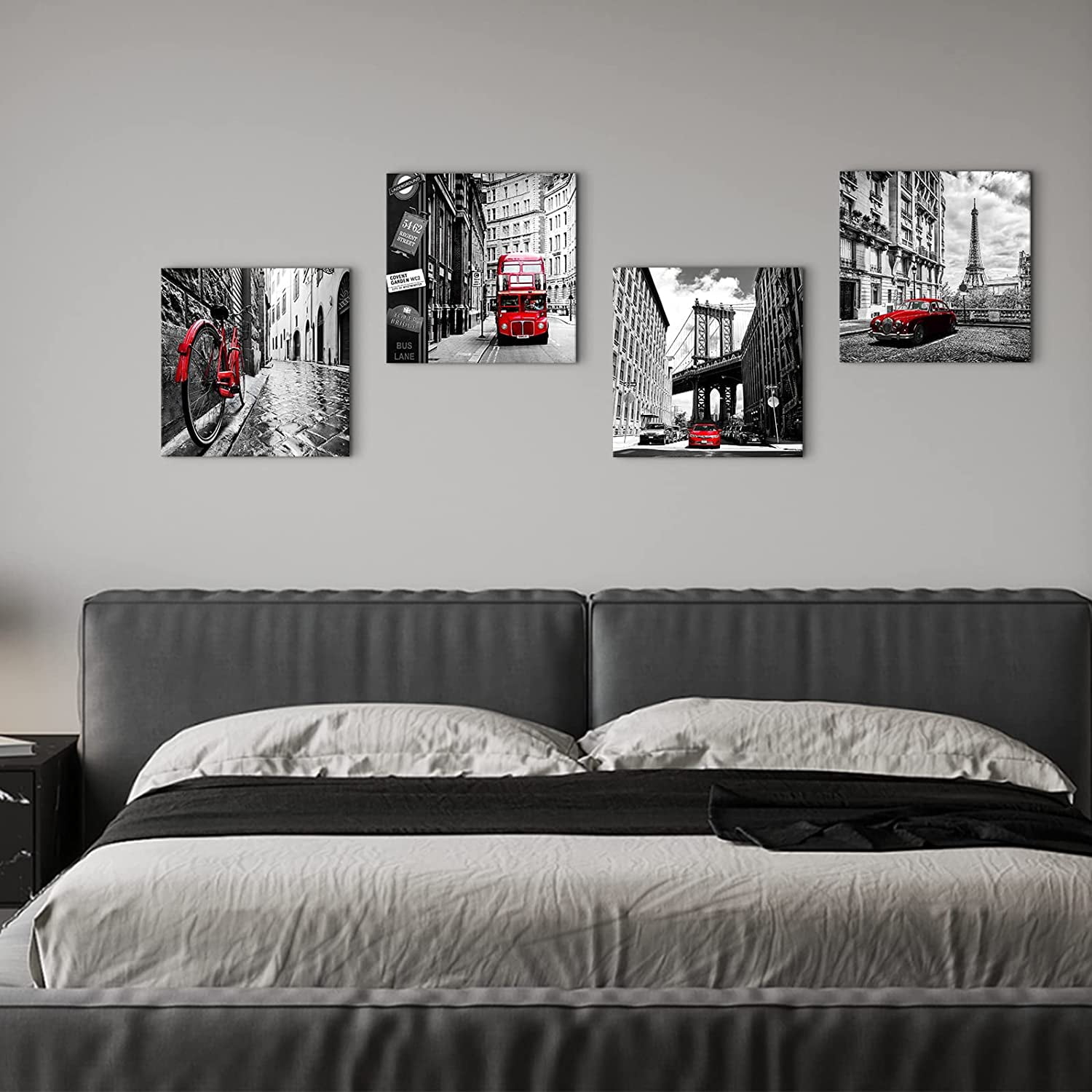 Black and White City Wall Art Red Paris Wall Decor for Bathroom Living Room New York London Italy Cityscape Pictures Canvas Prints Modern Framed Artworks Bedroom Office Kitchen Decorations 16×16" 4 P