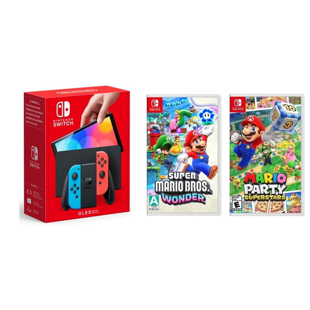 Consola Nintendo Switch - OLED 64Gb Neon (Versión Internacional) + juegos fisicos de Super Mario Bros Wonder y Mario Party Superstars