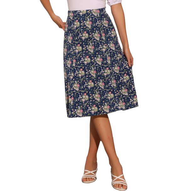 Faldas Midi Peasant de Mujer INSPIRE CHIC con Cintura Elástica A-Line de Flores Ditsy en Azul Marino S
