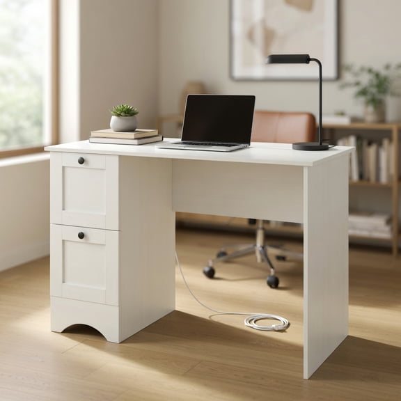 Resenkos Study Writing Desk, Computer Desk,43 Inch Computer Desk with Charging Station for Living Room-White