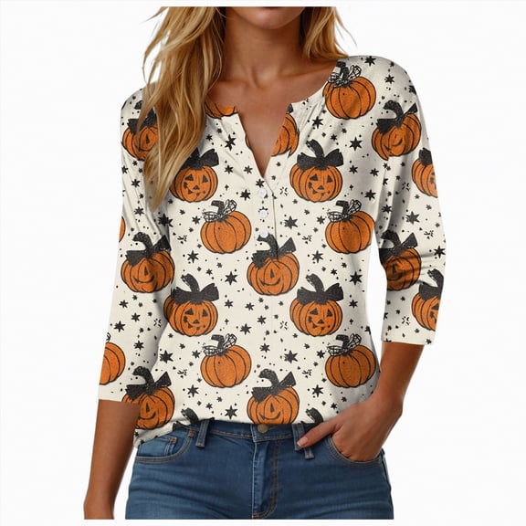 Godom Halloween Shirts for Women 3/4 Sleeve Tshirts Ghost Graphic V-Neck Tops 2025