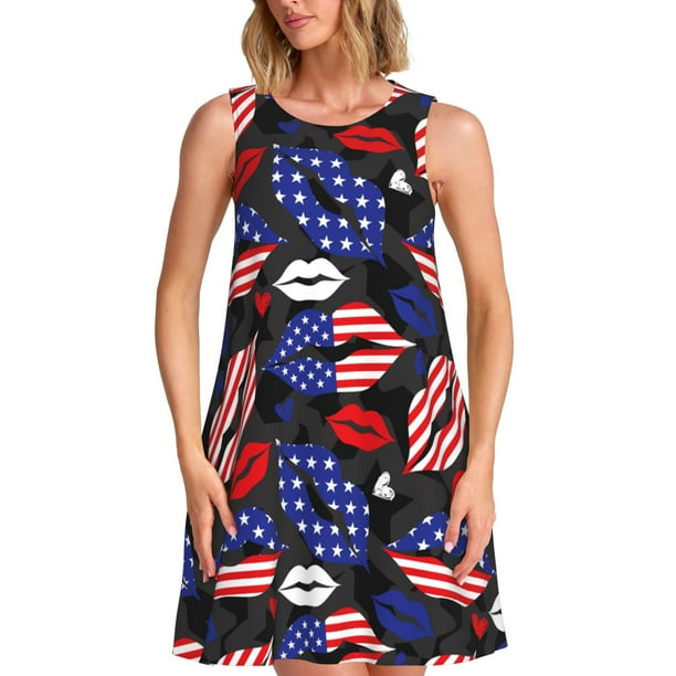 Easygdp American With Lips para Vestido Transpirable de Mujer, Vestido Suelto de Manga Corta con Pliegues y Bolsillos para el Verano