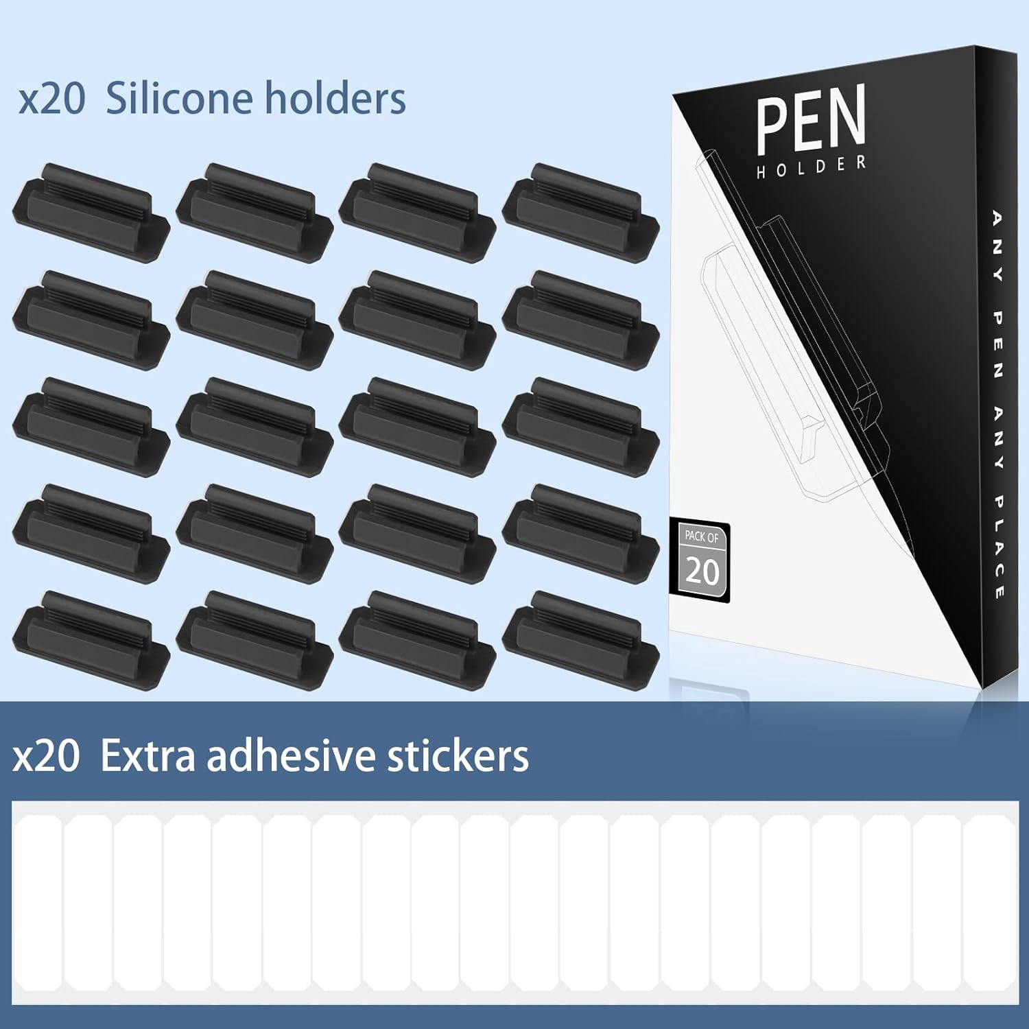 Pencil Holder for Desk Set of 20, Adhesive Pen with 20 Extra Upgraded Stickers, Silicone Holders & Marker Clip Walls, Clipboards, Classroom, Office, Teacher Accessories Supplies (Black)