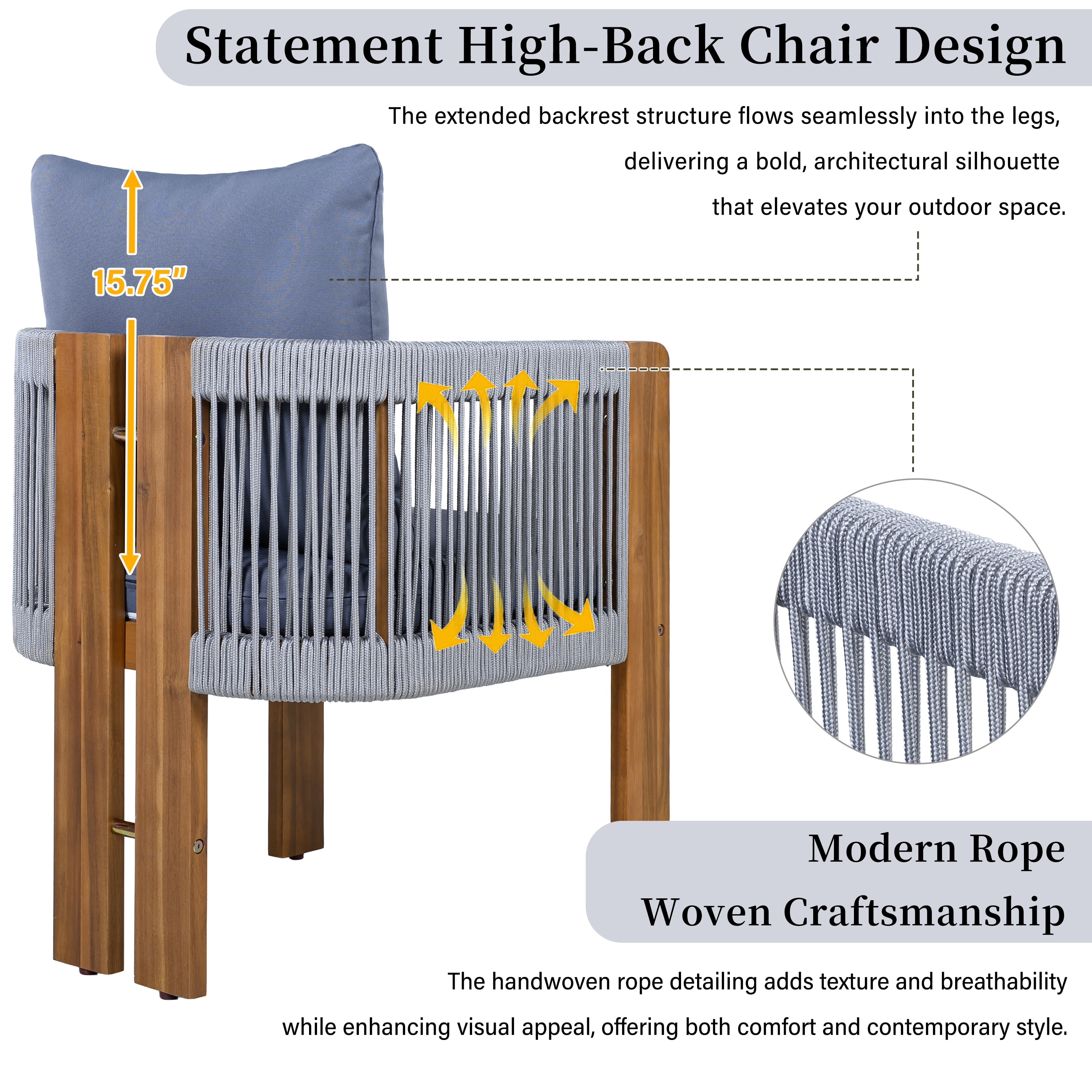 Mintazer 63" 5-Piece Outdoor Dining Set with Rope Woven High Back Chairs & Cushions, Farmhouse Dining Furniture Set for Garden Backyard Poolside, Brown & Gray