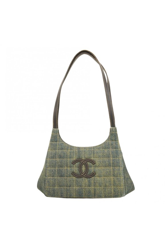 Pre-Owned Chanel Shoulder Bag, Chocolate Bar Design, Denim, Brown, Blue, Women's