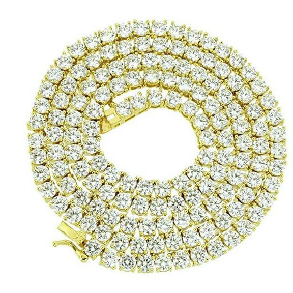 Solitaire 4 Prong 1 Row Chain Tennis Necklace Lab Made AAA CZs Yellow Gold Tone 20 Inches