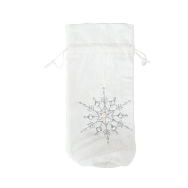 Bewildely Funda navideña de felpa para botella de vino, con cordón, bordado de copos de nieve, bolsa de perlas, de comedor, cerveza, decoración Kits de decoración para fiestas Blanco Bewildely HA068791-01